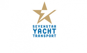 Logo featuring a stylised gold star with a lightning bolt cut-out above the words “SEVENSTAR YACHT TRANSPORT” in bold blue capital letters on a white background.