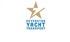 Logo featuring a stylised gold star with a lightning bolt cut-out above the words “SEVENSTAR YACHT TRANSPORT” in bold blue capital letters on a white background.