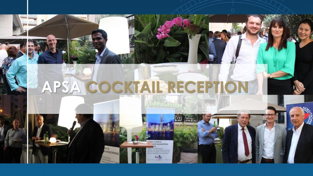 A collage of people socialising at an outdoor APSA drinks reception, with guests standing, talking, and smiling. The event banner APSA DRINKS RECEPTION is prominently displayed across the image.