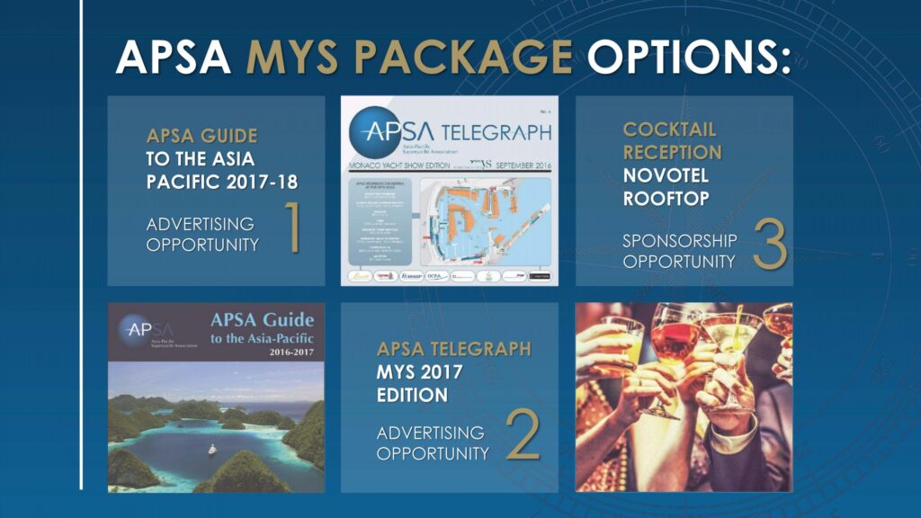 A graphic titled APSA MYS Package Options shows three promotional opportunities: APSA Guide to the Asia Pacific 2017-18, APSA Telegraph MYS 2017 Edition, and a cocktail reception at Novotel rooftop.