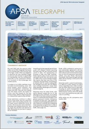 Front page of the APSA Telegraph newsletter featuring an aerial view of blue-green water and small islands. The layout includes the APSA logo, table of contents, Chairman's message, and sponsor logos at the bottom.