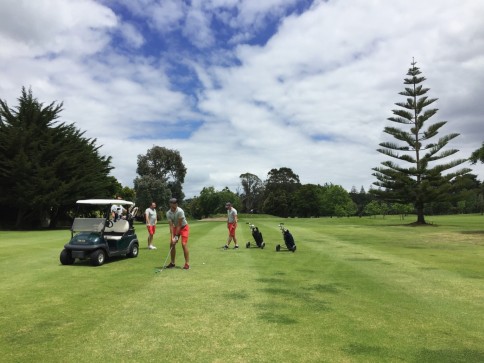 Four people are on a green golf course, with one preparing to hit a golf ball. A golf buggy and several golf bags are nearby, and the scene is surrounded by trees under a partly cloudy sky.