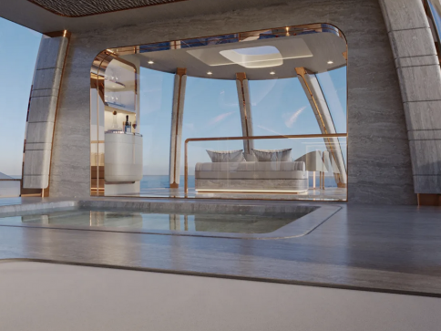 Modern yacht interior with a sunken pool, sleek stone flooring, and a luxurious bedroom with large glass windows overlooking the sea under a clear, blue sky.