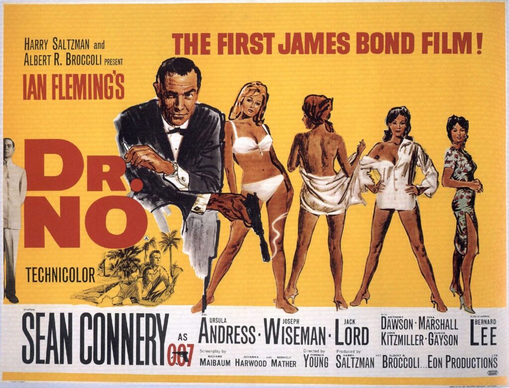 A vintage Dr. No movie poster shows Sean Connery as James Bond holding a gun, with four women in swimsuits and a yellow background. Bold red and black text announces the film's title and cast.