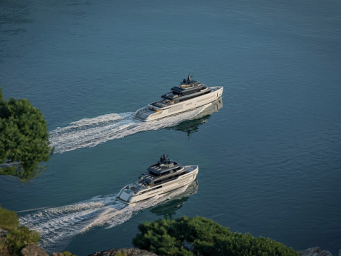Two luxury yachts travel side by side on calm blue water, leaving gentle wakes behind them. The scene is viewed from above, with green tree branches partially visible in the foreground.