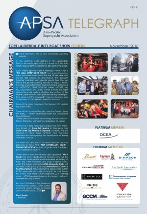 A newsletter page titled APSA Telegraph featuring event photos, a chairman’s message, sponsor logos, and a Fort Lauderdale Intl Boat Show Edition banner dated November 2018.