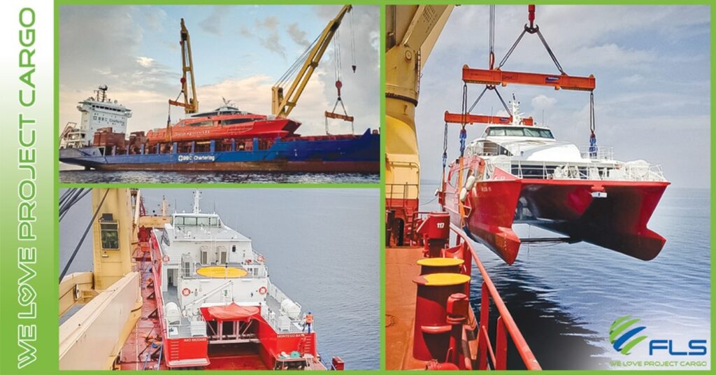A collage shows heavy cargo ships transporting and lifting large boats using cranes, with the FLS logo and the text We Love Project Cargo on the left and bottom right of the image.