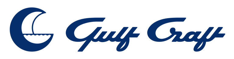 The image shows the Gulf Craft logo in blue, featuring a crescent shape with water waves on the left, followed by the stylised words “Gulf Craft” in a cursive font.