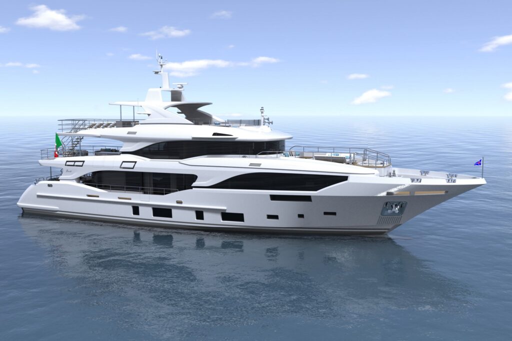 A modern white luxury yacht floats on calm, clear blue water under a bright sky with light clouds. The yacht has multiple decks with large windows and railings.