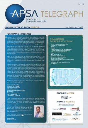 APSA Telegraph newsletter cover, September 2018 Monaco Yacht Show edition, featuring a chairman’s message, APSA member list, exhibition map, logos of sponsors, and a photo of the chairman at the bottom.