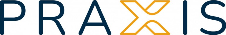 The word PRAXIS in uppercase letters, with the X stylised in yellow and double-lined, whilst the other letters are in dark blue.