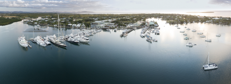 A panoramic view of a marina with numerous yachts and boats moored along piers, calm water reflecting the vessels, and a coastal town with greenery in the background under a partly cloudy sky.