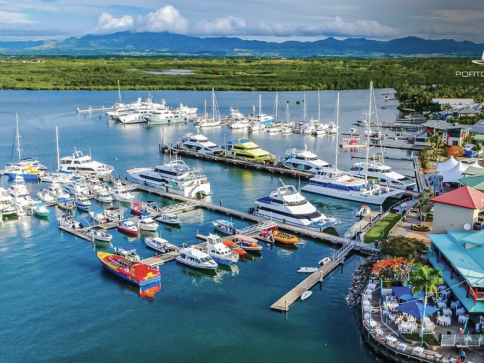 Aerial view of a vibrant marina with numerous yachts and boats moored at piers, surrounded by lush greenery, waterfront buildings, and distant mountains under a partly cloudy sky.