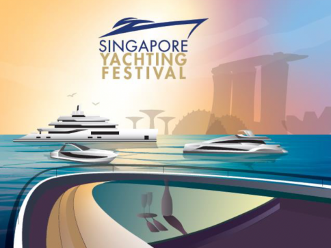 Illustration of luxurious yachts on water with the Singapore skyline, featuring Marina Bay Sands and Supertree Grove, under Singapore Yachting Festival text and a stylised yacht logo above.