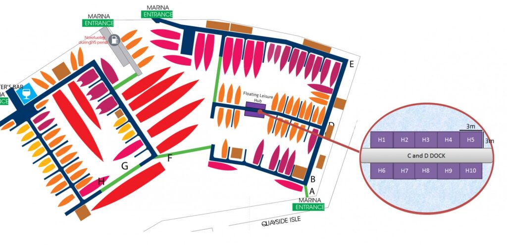 Colourful marina map showing docks and boat slips, labelled with letters and entrances. An inset on the right highlights dock sections H1-H10 on “C and D Dock.” Pathways and water areas are marked throughout.