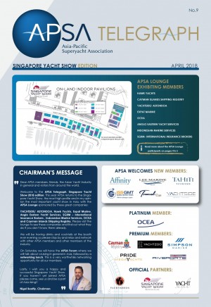 A newsletter titled APSA Telegraph featuring a site map, chairman’s message, a list of members and sponsors, and information about the APSA Lounge at the Singapore Yacht Show, dated April 2018.