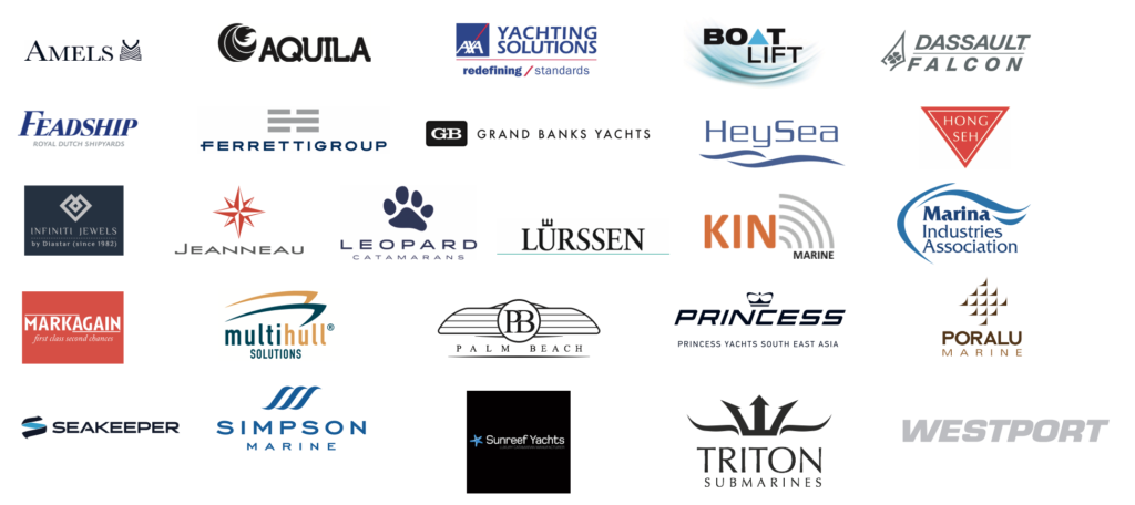 A compilation of 28 logos from various yacht, marine, and boating companies and organisations, each displaying distinctive text and graphics in different styles and colours on a white background.