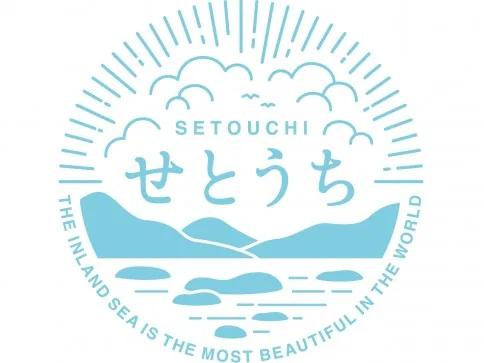 A blue circular logo with rays, clouds, mountains, and water. Text in English and Japanese says Setouchi and The inland sea is the most beautiful in the world.