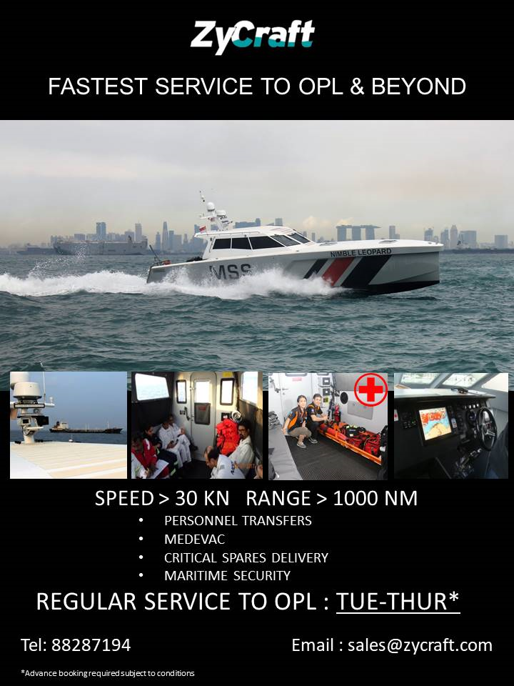 A high-speed vessel travels on water with a city skyline in the background. Below, smaller images show the boat’s interior, crew, medical equipment, and controls. Text highlights regular offshore service, vessel speed, and contact details.