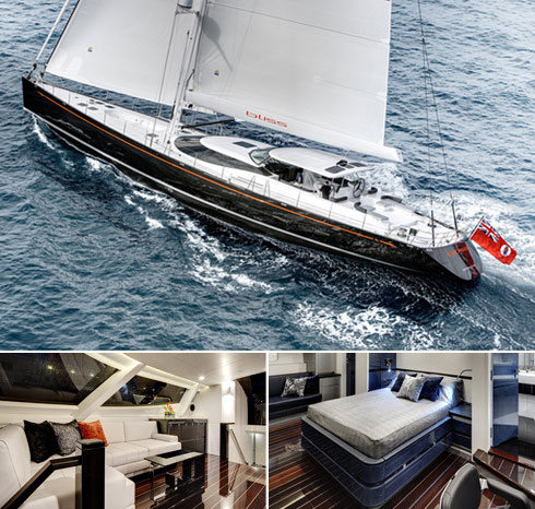 A sleek sailing yacht glides on blue water (top), with modern interiors shown below: a bright lounge with white sofas and a bedroom with a large bed and dark wood floors.