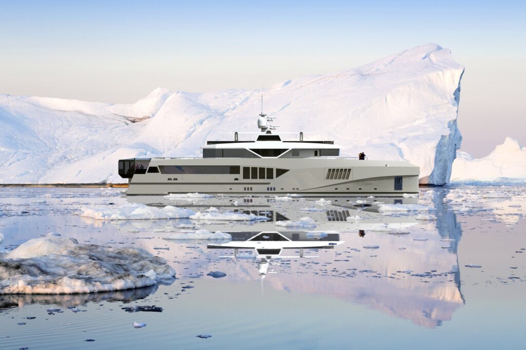 A modern white yacht floats among icebergs and floating ice in calm, reflective arctic waters, with large snow-covered ice formations in the background under a clear sky.