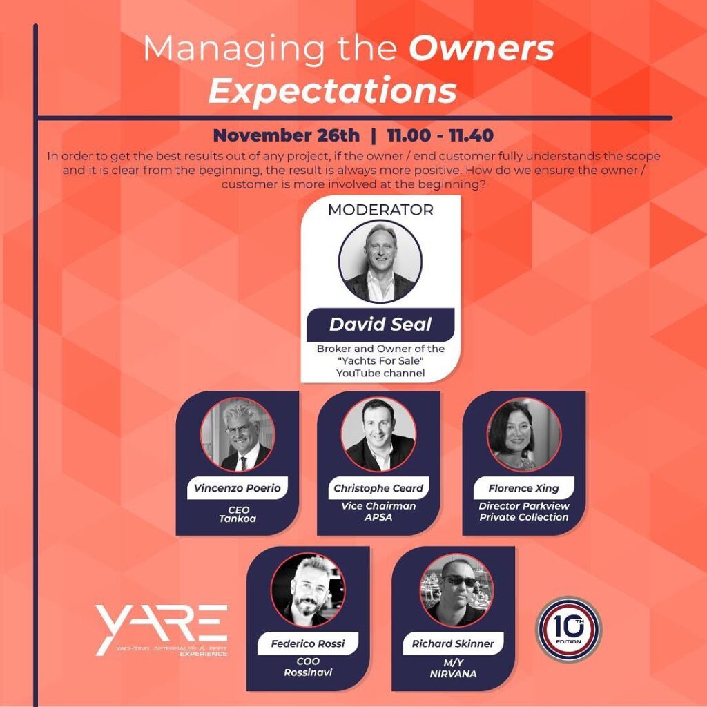 Event poster titled Managing the Owners’ Expectations with panellists’ photos and names, event details (26 Nov, 11:00–11:40), and moderator David Seal. Includes logos and a brief event description on an orange background.