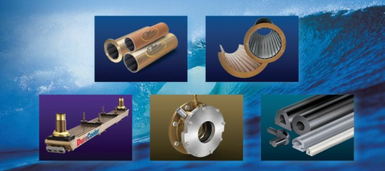 Collage of five industrial components, including metal pipes, a cutaway of a cylindrical filter, a rectangular heat exchanger, a round mechanical part, and various extruded metal profiles, set against a background of ocean waves.
