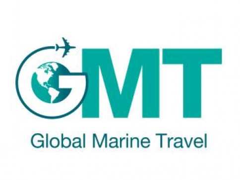 Logo for Global Marine Travel (GMT) with a globe inside the letter G and an aeroplane flying over it. The text Global Marine Travel appears below in blue letters.
