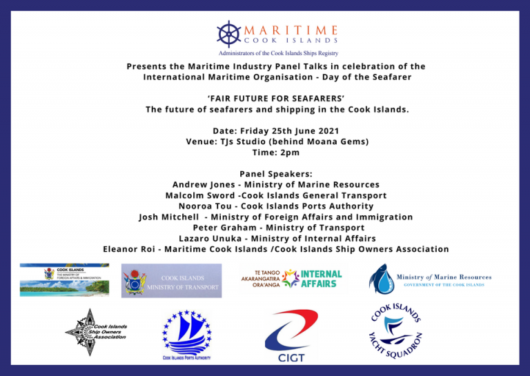 Event flyer for Maritime Industry Panel Talks, celebrating Day of the Seafarer, on 25 June 2021 in the Cook Islands. Lists speakers and includes several government and maritime association logos.