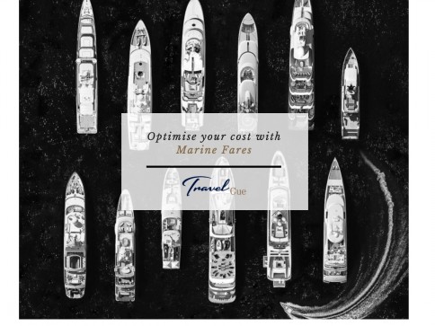 Aerial view of several yachts and boats on dark water, with a central box overlay that reads, Optimise your cost with Marine Fares and Travel Cue logo beneath.