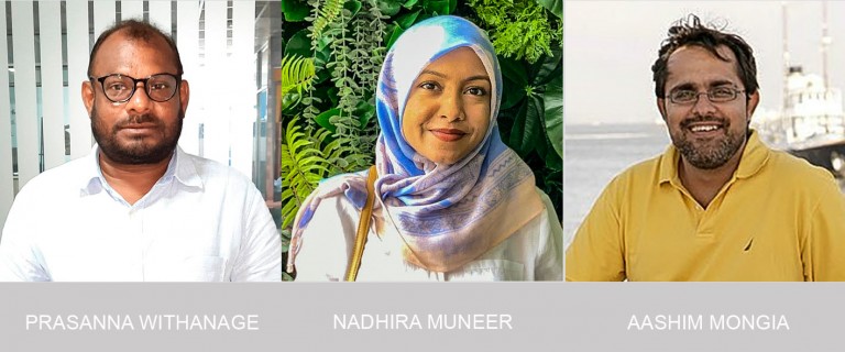 Three people are shown side by side: a man in glasses and a white shirt, a woman in a pastel hijab, and a man in glasses and a yellow shirt. Their names are labelled below as Prasanna Withanage, Nadhira Muneer, and Aashim Mongia.
