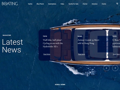 Aerial view of two luxury yachts on blue water with overlay text panels featuring boating news articles and the title Latest News on the left.