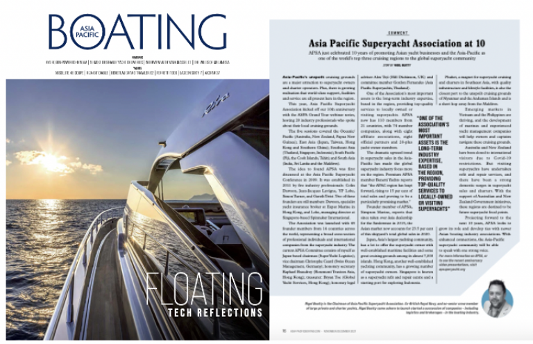 A magazine spread from Asia-Pacific Boating featuring a yacht on the ocean at sunset on the left, and an article titled Asia-Pacific Superyacht Association at 10 with text and a small portrait on the right.