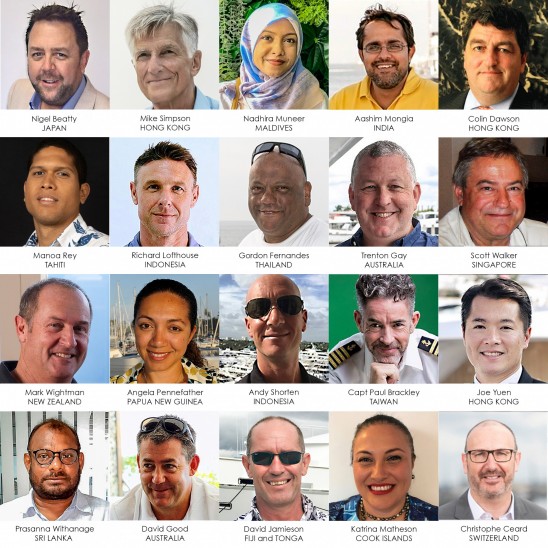A collage featuring 20 headshots of cruise ship captains from various countries, each with their name and country listed below their photo on a white background.