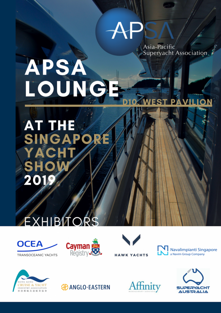 A promotional poster for the APSA Lounge at the Singapore Yacht Show 2019, showing a view from a yacht deck. Exhibitor logos and event details are included on the right-hand side of the image.