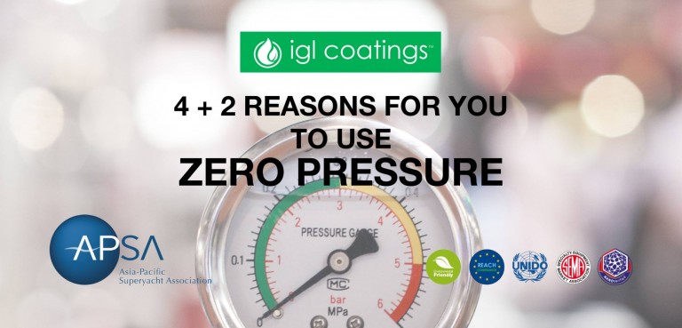 A pressure gauge with blurred background is overlaid with the IGL Coatings logo and text: 4 + 2 reasons for you to use zero pressure. APSA and several certification logos appear at the bottom.