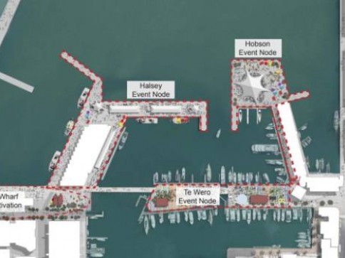A map of a waterfront area shows three labelled event zones: Halsey Event Node, Hobson Event Node, and Te Wero Event Node, bordered by docks and surrounded by water with boats.