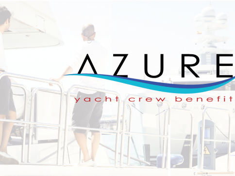 Two people stand on a yacht deck. Overlaid text reads AZURE yacht crew benefit with a blue wave graphic under the word AZURE. The background is bright and nautical.