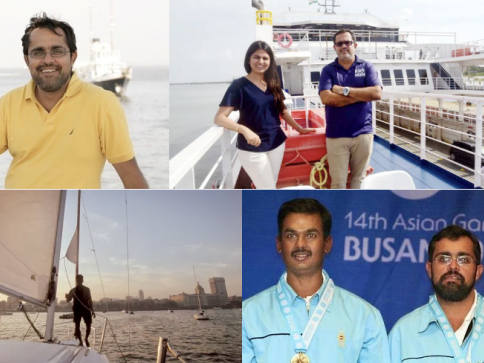 A collage of four images: a man standing and smiling by a boat, two people posing on a ship, a person sailing at sunset, and two men in blue uniforms with medals at a sporting event backdrop.