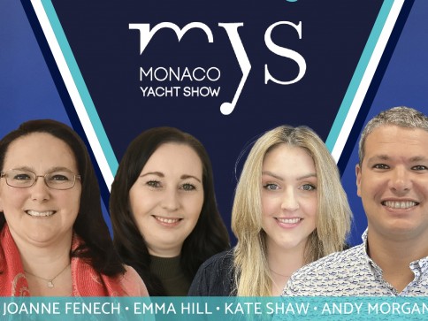 Four people are smiling in front of a blue Monaco Yacht Show (MYS) backdrop. Their names, Joanne Fenech, Emma Hill, Kate Shaw, and Andy Morgan, are listed below their photos.