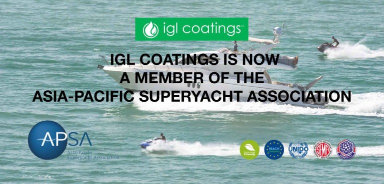 A yacht and two jet skis move on turquoise water. Text reads: IGL Coatings is now a member of the Asia-Pacific Superyacht Association. Logos for IGL Coatings, APSA, and certifications appear at the bottom.