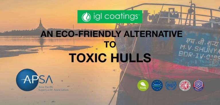 A moored boat at sunset with the text An eco-friendly alternative to toxic hulls and logos for IGL Coatings, APSA, and other organisations, promoting environmentally friendly boat hull solutions.