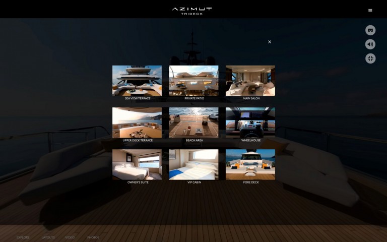 A yacht website interface displays nine photo thumbnails labelled with areas of the yacht, such as Sea/Item Terrace, Main Saloon, and Private Patio, over a blurred background of a yacht deck with lounge chairs.