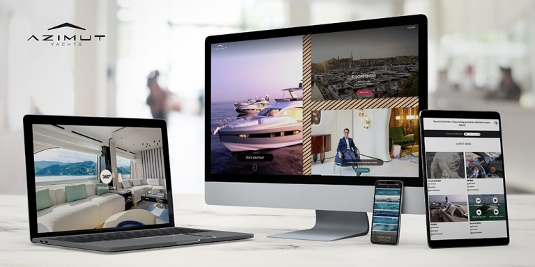 A laptop, desktop monitor, smartphone, and tablet display Azimut Yachts’ website with images of yachts and virtual tours. The Azimut Yachts logo appears in the top left corner. All devices are on a light-coloured desk.