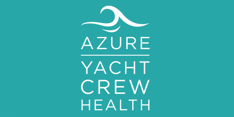 White logo on a teal background featuring a wave symbol above the text AZURE YACHT CREW HEALTH, with each word stacked vertically and separated by horizontal lines.