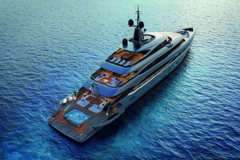 A luxurious multi-deck yacht with a pool on the stern floats on clear blue ocean water, illuminated by soft sunlight. The vessel features modern design and several outdoor lounge areas.