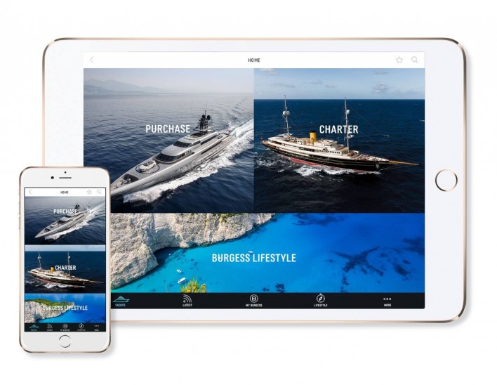 A tablet and smartphone display a luxury yacht website with sections for Purchase, Charter, and Burgess Lifestyle, featuring aerial photos of yachts on blue water.