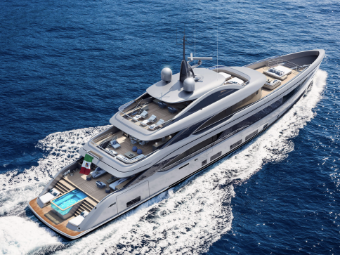 A luxurious white yacht with multiple decks and a pool on the stern sails through deep blue ocean water, leaving a wake behind. The yacht displays an Italian flag at the aft.