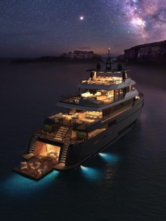 A luxurious yacht illuminated at night floats on calm water, with glowing underwater lights and several lit decks. The starry night sky and a visible Milky Way stretch above rocky cliffs in the background.