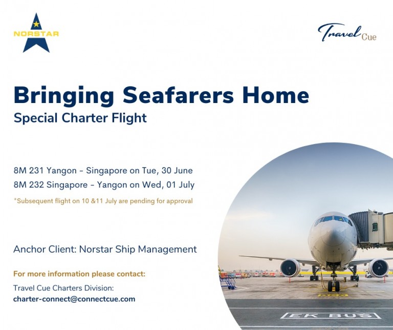 A promotional flyer shows an aeroplane on a runway with text about special charter flights for seafarers from Yangon to Singapore and back, organised by Norstar Ship Management and Travel Cue Charters Division.